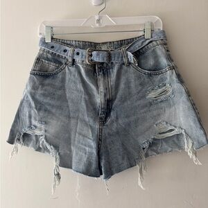Rewash Jean Shorts Western Belt Buckle Tie Detail- Festival Distressed Style